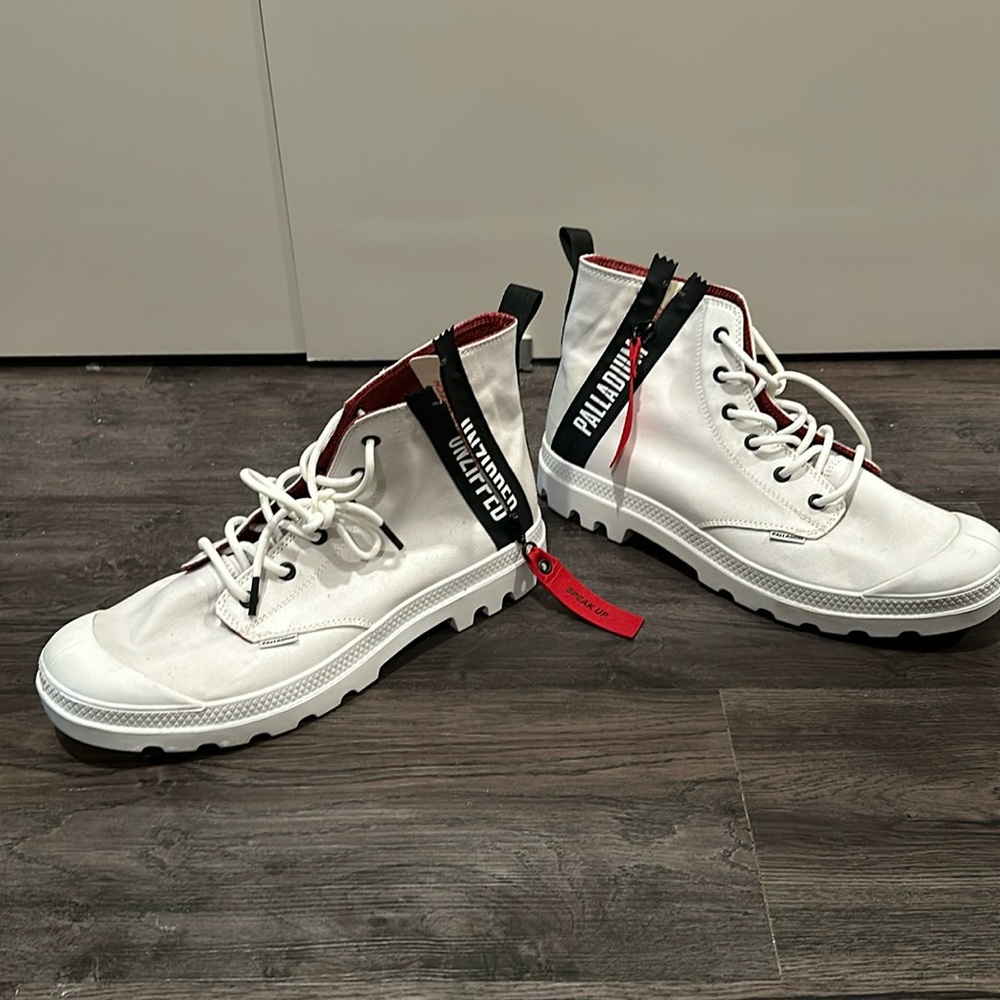 New white Palladium high top sneakers